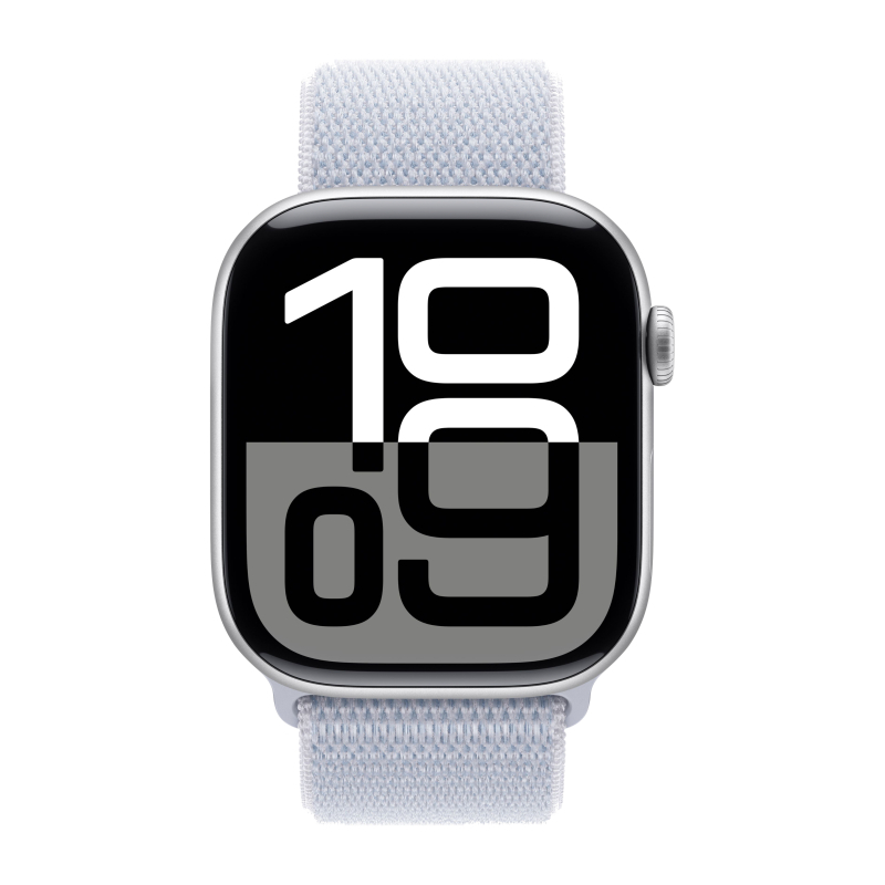 Apple Watch Series 10, 42 мм, корпус из алюминия серебристого цвета, спортивный браслет дымчато-голу